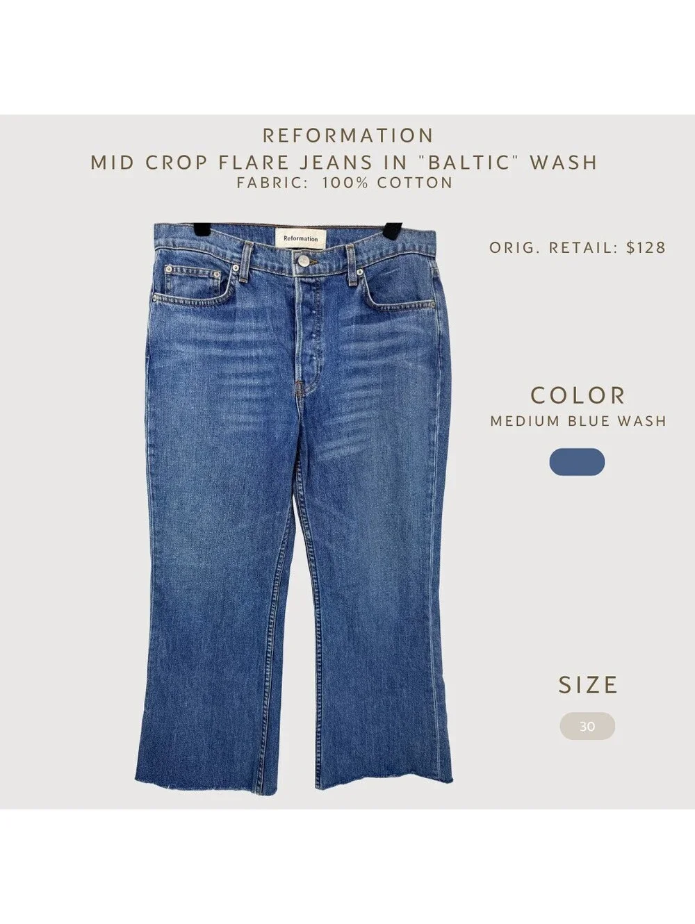 Reformation Mid Crop Flare Jeans Baltic Wash Size 30